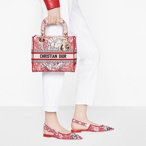 Dior Medium Lady Red and White D-royaume D'amour Embroidery Baguette